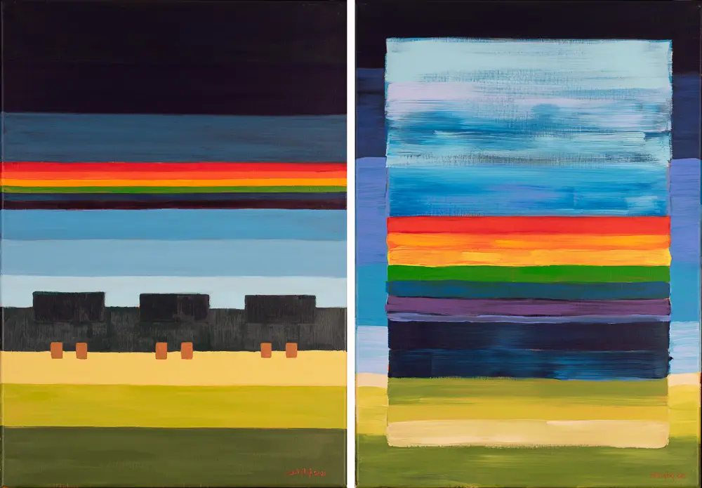 Abstract schilderij Aberdeen 2. Een tweeluik schilderij van Aberdeen met hierop regenbogen