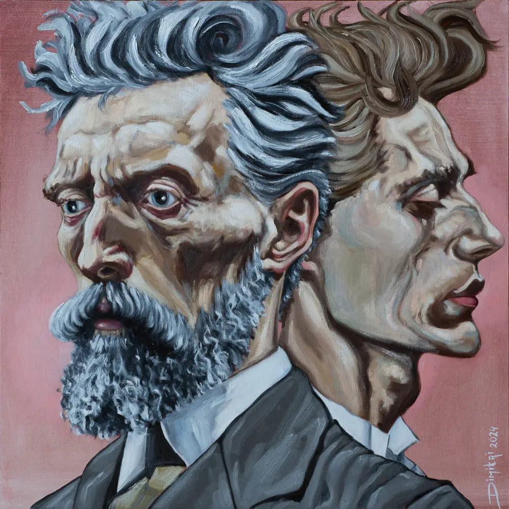 Portretschilderij van een man nu hij oud is en toen hij jong was