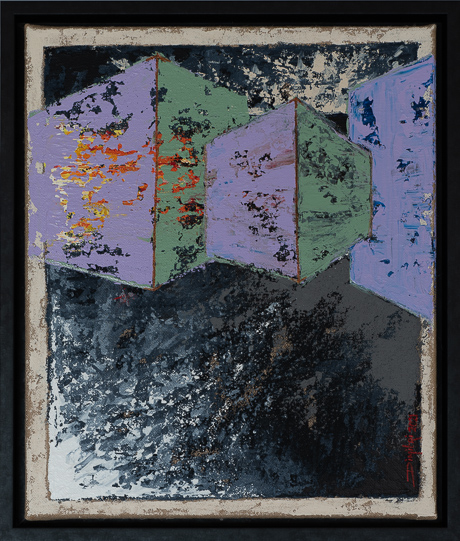Abstract schilderij Balans: paars en groene vlakken met hierachter het brandende interne vuur.