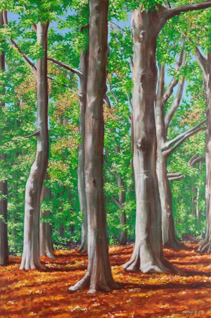 Een landschap schilderij van het bos in het Ledeboerpark in Enschede