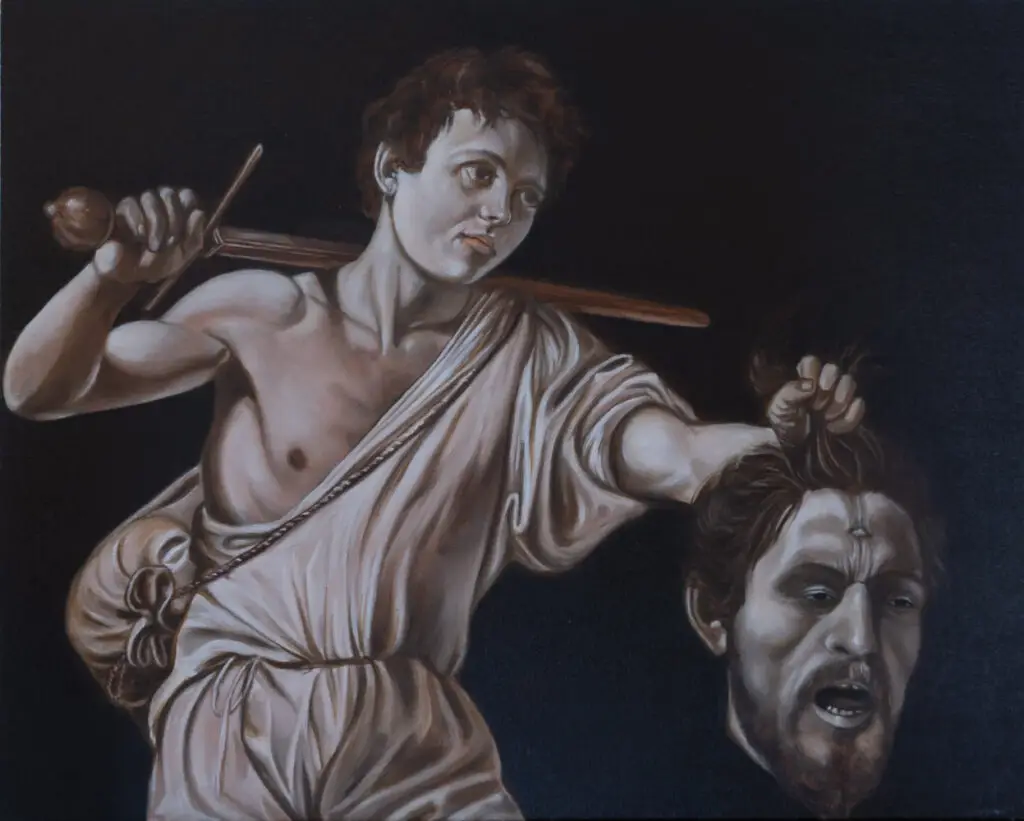 Studie, door Dimitri Habich kunstschilder, van schilderij van David met Hoofd van Goliath van Caravaggio