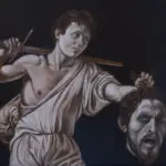 Studie, door Dimitri Habich kunstschilder, van schilderij van David met Hoofd van Goliath van Caravaggio