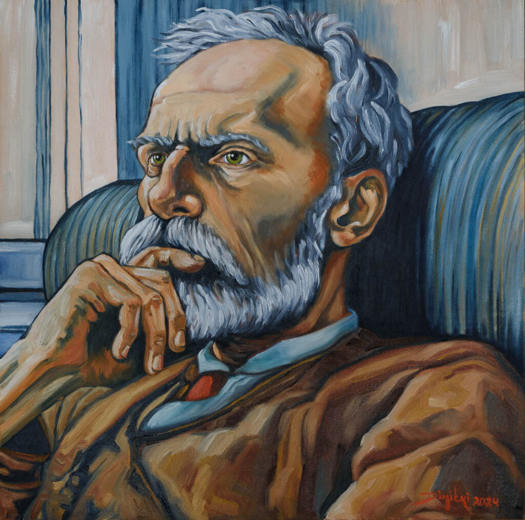 Portretschilderij van een denkende man in zijn stoel