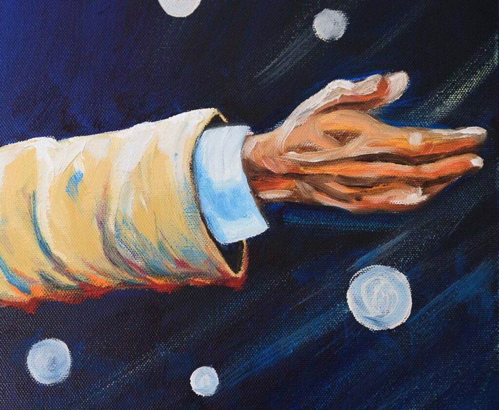 Detail van het schilderij Man op bergtop door Dimitri Habich kunstschilder en portretschilder