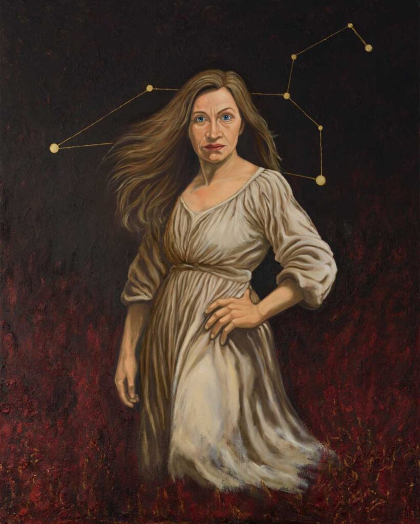 Schilderij van een stoere onafhankelijke vrouw die het sterrenbeeld Leeuw verbeeld. Door kunstschilder Dimitri Habich