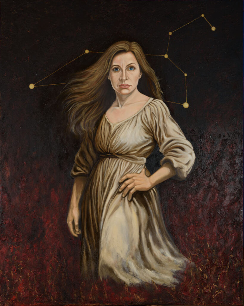 Schilderij van een stoere onafhankelijke vrouw die het sterrenbeeld Leeuw verbeeld. Door kunstschilder Dimitri Habich