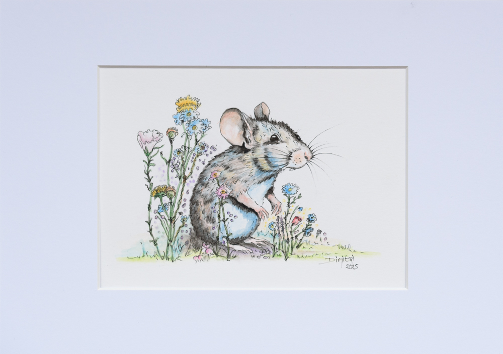 Muis 1, gemaakt door kunstschelider Dimitri Habich. Een muis op papier met aquarel en inkt.
