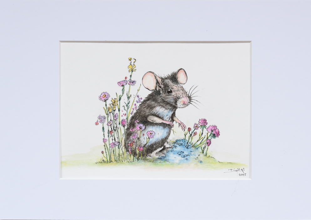 Muis 2, gemaakt door kunstschelider Dimitri Habich. Een muis op papier met aquarel en inkt.