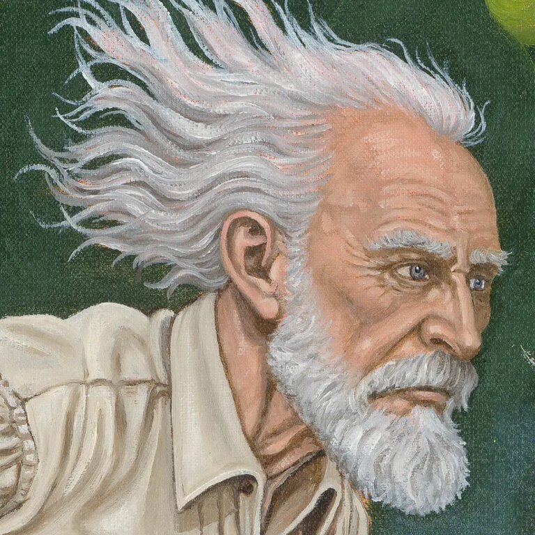 Een detail van het schilderij Rennen 1 van kunstschilder Dimitri Habich. Hier zie je het hoofd.