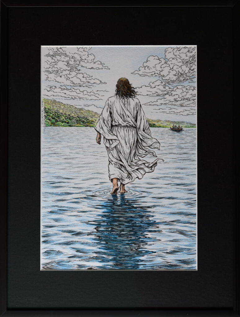 Tekening van kunstschilder Dimitri gemaakt van potlood, inkt en kleurpotlood. Het is man die over water loopt