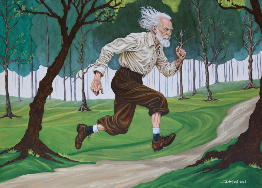 Rennen 1, een schilderij van Dimitri Habich. Het schilderij gaat over het nemen van beslissingen. Waar zal hij naartoe rennen?