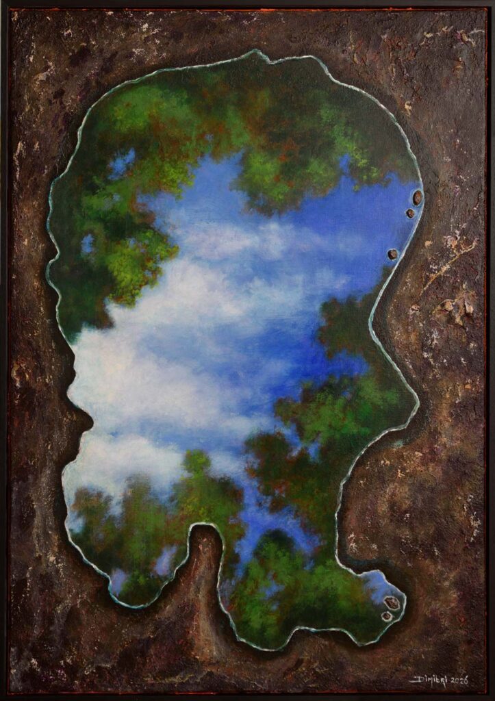 Reflecties is een schilderij van Dimitri Habich. Je ziet de reflecties van bomen, lucht en wolken in een waterplas.