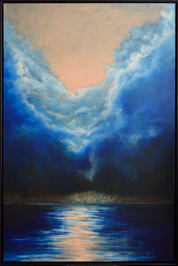 Regen op zee, een schilderij van kunstschilder Dimitri Habich. Een wolkenlucht, regen in de verte en weerspiegelingen in de zee.